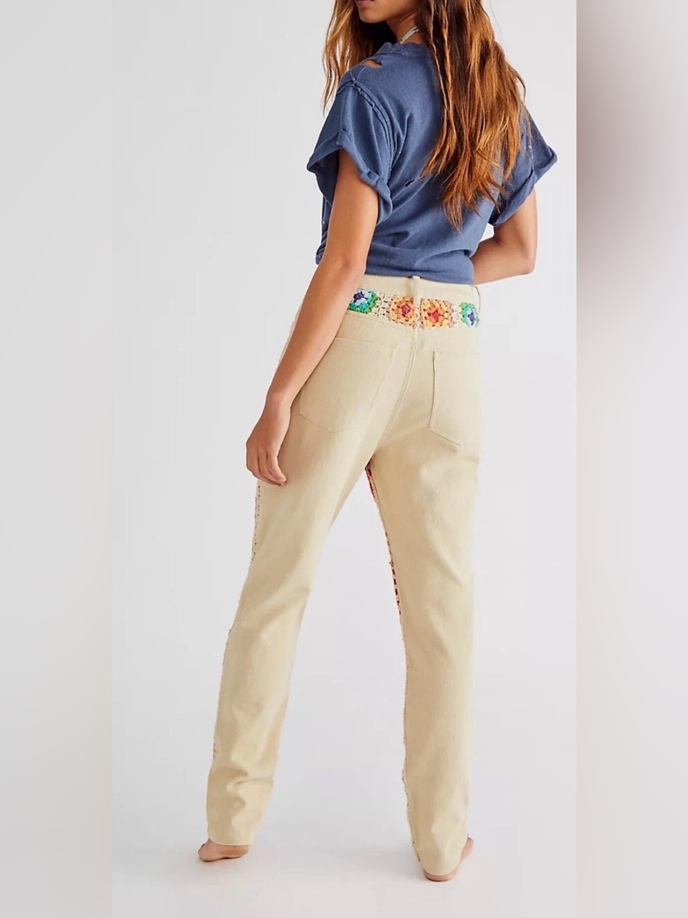 Free People NWT Zuri Cream Crochet Mom Button Fly Boho Jeans Pants **Size 29** 🌸 - Picture 3 of 11